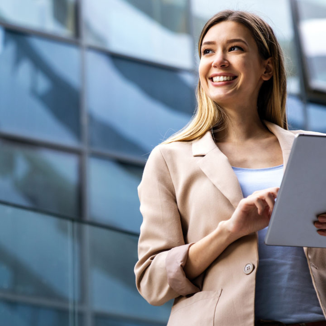 Person smiling use digital tablet